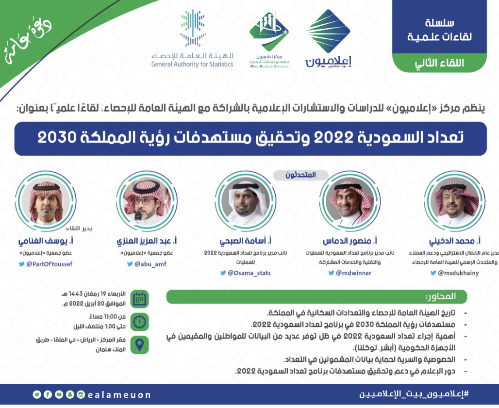 مركز “إعلاميون” يقيم لقاءً عن تعداد السعودية 2022 وتحقيق مستهدفات رؤية المملكة 2030